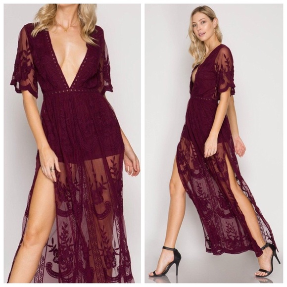 LAST! Small Wine plunge maxi lace romper dress - Picture 4 of 6